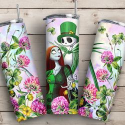 happy patrick's day, patrick the nightmare couple 20oz skinny tumbler wrap, watercolor shamrock and flower, jack skellin