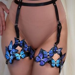 women's genuine leather garters  with butterflies,, leather harness, chest harness, whip and cake