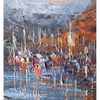 Sailing boats at the pier at sunset. Fragment of original Oil painting.