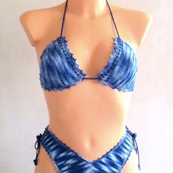 Crochet Brazilian Bikini Set Blue White Striped High Waist Bikini Women's Sexy Summer Beachwear Gift for Her