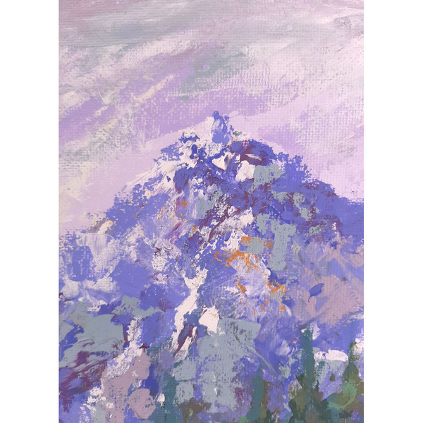 In a lilac haze, the snow-capped top of the mountain. Fragment of a close-up interior art.