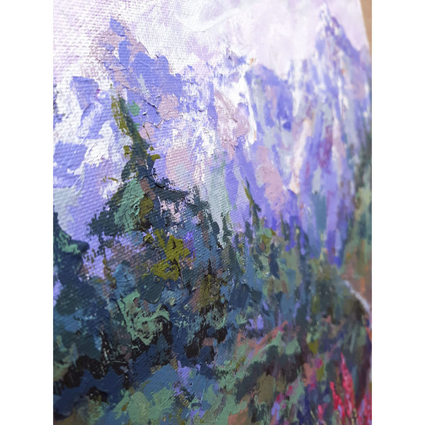 Fragment of a close-up purple Landscape. Pine forest on the hills.