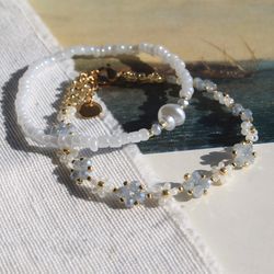 grey and pearl bracelets , dainty jewelry , daisy bracelets set , handmade jewellery , flower crystal bracelets, gifts