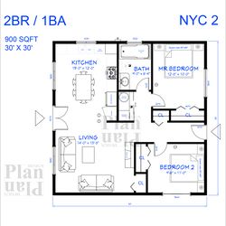 nyc2 2br/1ba 900sqft floor plan 30'x30'
