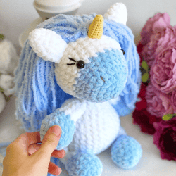 crochet animal. unicorn plush toy blue