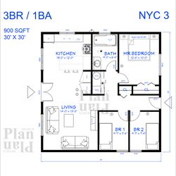 nyc3 3br/1ba 900sqft floor plan 30'x30'