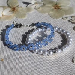 matte blue floral bracelet , flower bracelets set , pearl elastic bracelet , seed bead jewellery , cute jewelry , gifts