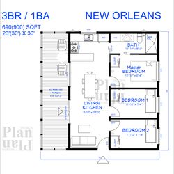 new orleans 3br/1ba 690sqft floor plan 30'x30'