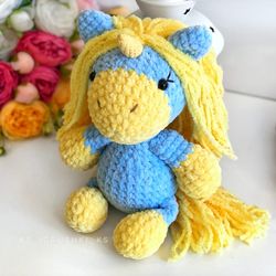 Crochet animal. Unicorn plush toy blue, yellow
