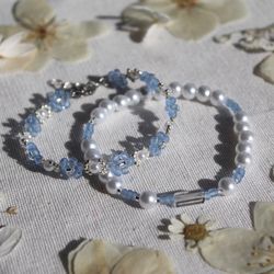 blue and silver beaded bracelets , bracelets set , seed bead jewelry , cute flower jewellery , daisy bracelet , gift