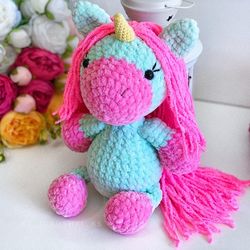 Crochet animal. Unicorn plush toy mint, pink