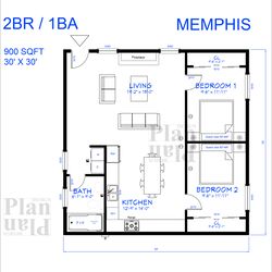 memphis 2br/1ba 900sqft floor plan 30'x30'