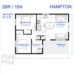 hampton 2br/1ba 640sqft floor plan 24'x32'