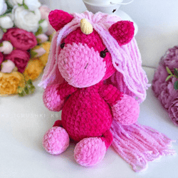 crochet animal. unicorn plush toy crimson, pink