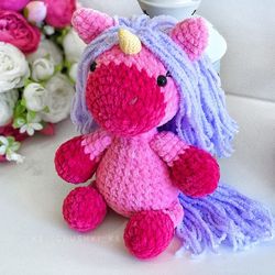 Crochet animal. Unicorn plush toy purple, pink
