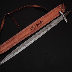 custom hand forged, damascus steel functional sword 35 inches, viking fantasy sword, swords battle ready, with sheath