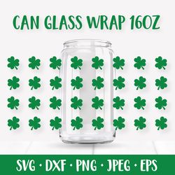 Patricks Day Can Glass Wrap SVG. Shamrock Leaves Glass Can