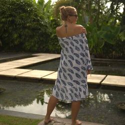 Vacation summer resort off the shoulder dress | Geometric Feather Print loose comfy dress | romantic dress knee length|
