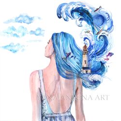 Aquarius Painting Zodiac Sign Aquarius Art Original Sea Goddess Fantasy Artwork Woman Sea Watercolor. MADE TO ORDER