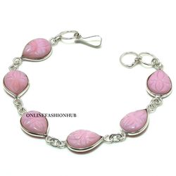 Trendy 1 PC Pink Carving Glass 925 Sterling Silver Plated Bezel Bracelet, Positive Bracelet, Handmade Gemstone jewelry