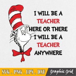i will be preschool teacher here or there svg, cat in hat svg, dr seuss sayings svg, read across america svg, png, subli