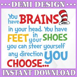 dr. suess quote - you have brains in your head. you have feet in your shoes dr seuss svg,png,dxf, cat in the hat font