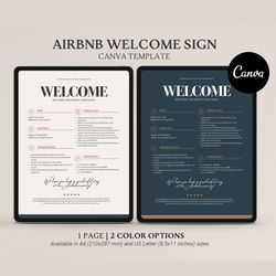 editable welcome sign template for airbnb vrbo hosts, 2 colors, house rules, wi-fi, check-out info, vacation rental
