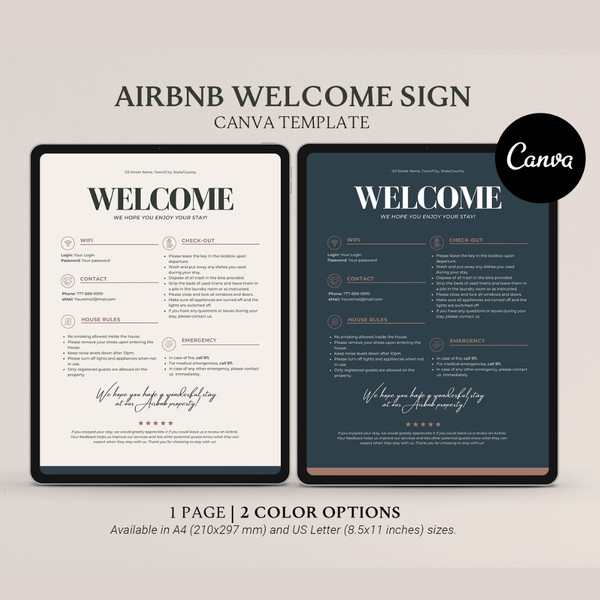 Minimalist Welcome Sign template for Airbnb VRBO Hosts, 2 colors, House Rules, Wi-Fi, Check-Out Info, Vacation Rental (1).jpg
