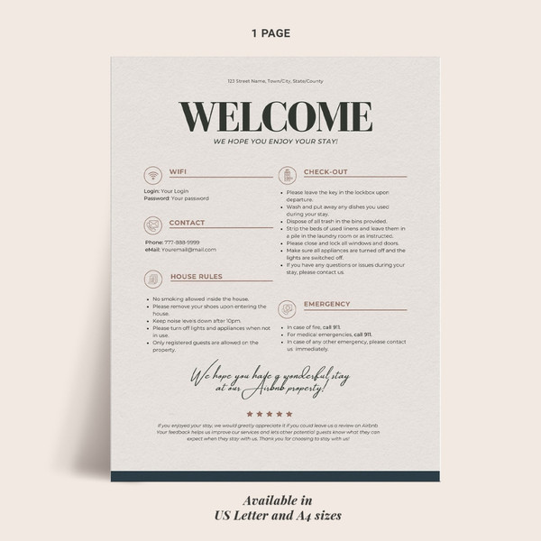 Minimalist Welcome Sign template for Airbnb VRBO Hosts, 2 colors, House Rules, Wi-Fi, Check-Out Info, Vacation Rental (4).jpg