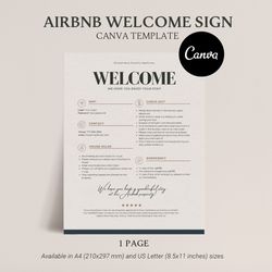 One-Page Welcome Sign for Airbnb or VRBO Hosts: House Rules, Wi-Fi, Check-Out Info, Vacation Rental Decor, Editable