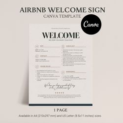 one-page welcome sign for airbnb or vrbo hosts: house rules, wi-fi, check-out info, vacation rental decor, editable