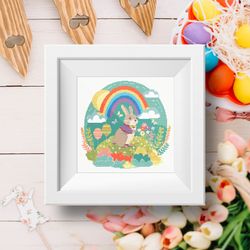 Spring Rainbow Easter bunny with flowers cross stitch digital bright printable A4 PDF pattern for home decor and gift