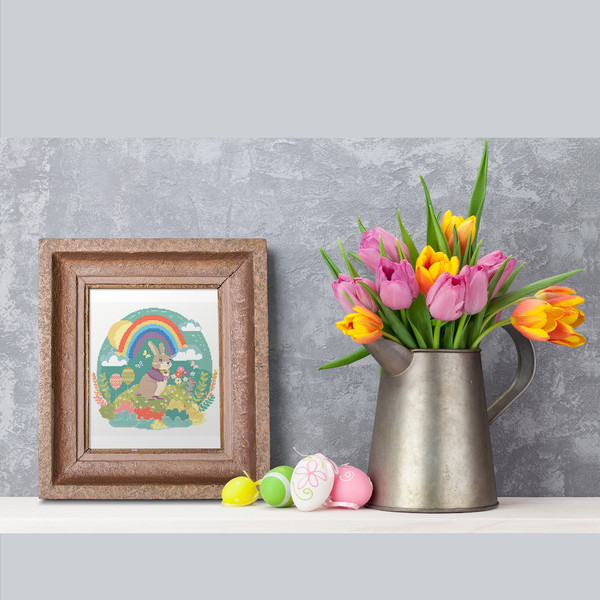 4 Spring Rainbow Easter bunny cross stitch digital printable A4 PDF pattern for home decor and gift.jpg