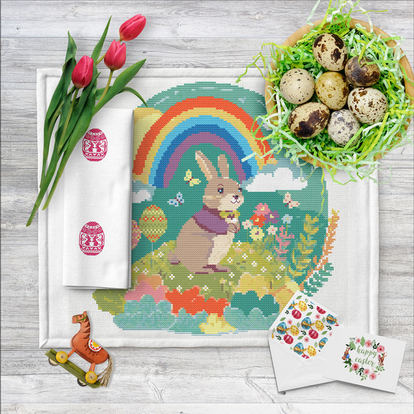 10 Spring Rainbow Easter bunny cross stitch digital printable A4 PDF pattern for home decor and gift.jpg