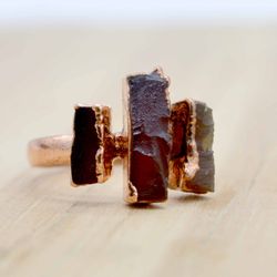 Raw Carnelian Crystal Electroformed Ring For Women, Rough Gemstone Cooper And Brass Handmade Electroplated Jewelry