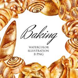 Watercolor clipart – Baking: croissant, bread, baguette, French baguette, bun, illustration set