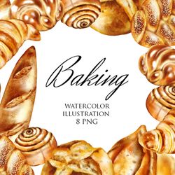 watercolor clipart – baking: croissant, bread, baguette, french baguette, bun, illustration set