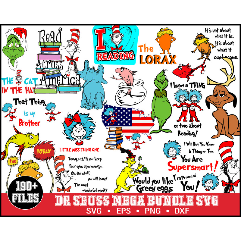 190 Dr Seuss Svg Bundle, Cat In The Hat SVG, Dr Seuss Hat SVG,Green Eggs And Ham Svg, Dr Seuss for Teachers Svg, Lorax Svg,Thing 1 and 2 Svg, Instant download .