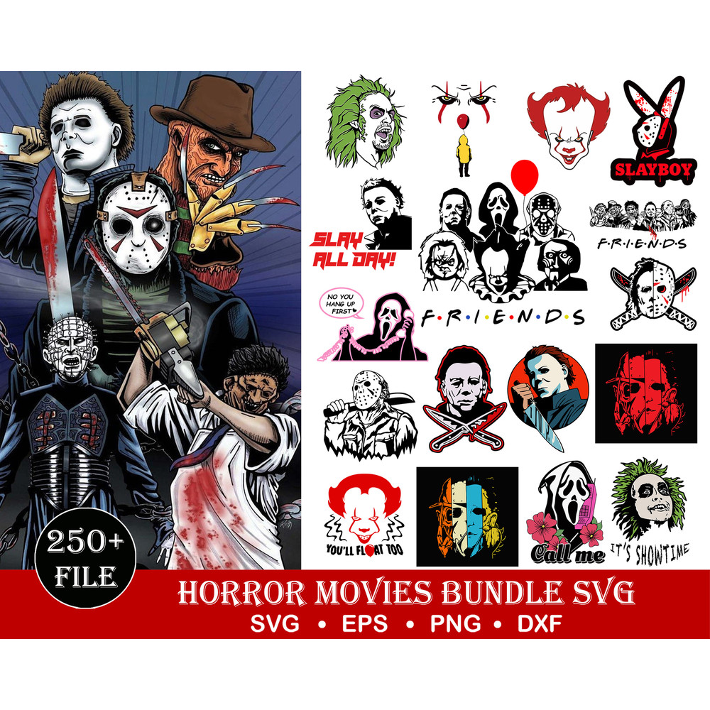 250 Horror Movie Characters Svg Bundle, Freddy Svg, Scream Svg, Pennywise Svg, Michael Myers Svg, Chucky Svg, Beetle Juice Svg,Cricut.jpg