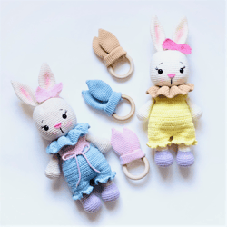 Set of 3 Crochet Pattern Bunny in clothes Teething ring ratle ears teether first baby toy wooden ring amigurumi rabbit