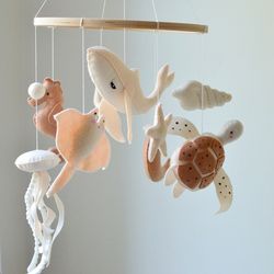 Baby mobile gender neutral for Nautical nursery decor with whale, jellyfish, turtle, sea creatures crib mobile