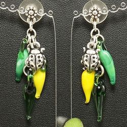 Pepper Lampwork Murano Glass Earrings Yellow Green Peppers Silver Ladybug Ladybird Long Dangle Earrings Jewelry 5934