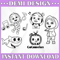 bundle 5 files cocomelon black and white svg, coco melon svg, cocomelon bundle  cocomelon birthday watermelon birthday