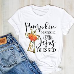 Pumpkin Obsessed And Jesus Blessed Shirt, Pumpkin Silhouette Shirt, Halloween Tee, Halloween Pumpkin Shirt
