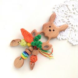 Baby gift wooden rattle toy bunny for girl boy - Easter basket stuffer toy rabbit with carrot - baby shower gift