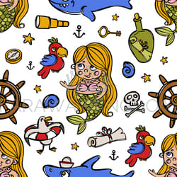 mermaid and animals cartoon seamless pattern vector print
