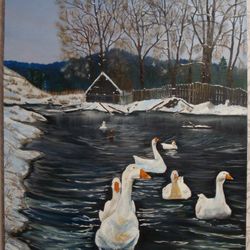 Poultry Painting Geese Picture Countryside View 27*31 inch Spring in the Village Oil Painting