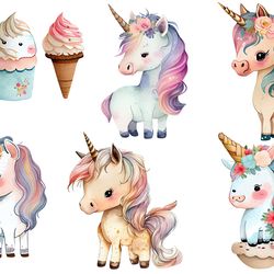 06 files for baby unicorn png watercolor clipart digital files