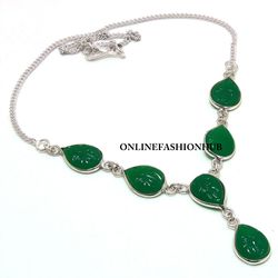 Alluring 1 PC Green Carving Glass 925 Sterling Silver Plated Bezel Necklace ,Handmade Dainty Neckpiece Jewelry