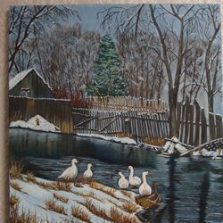 Geese Oil Painting Countryside View 27*31 inch Village House Poultry Painting